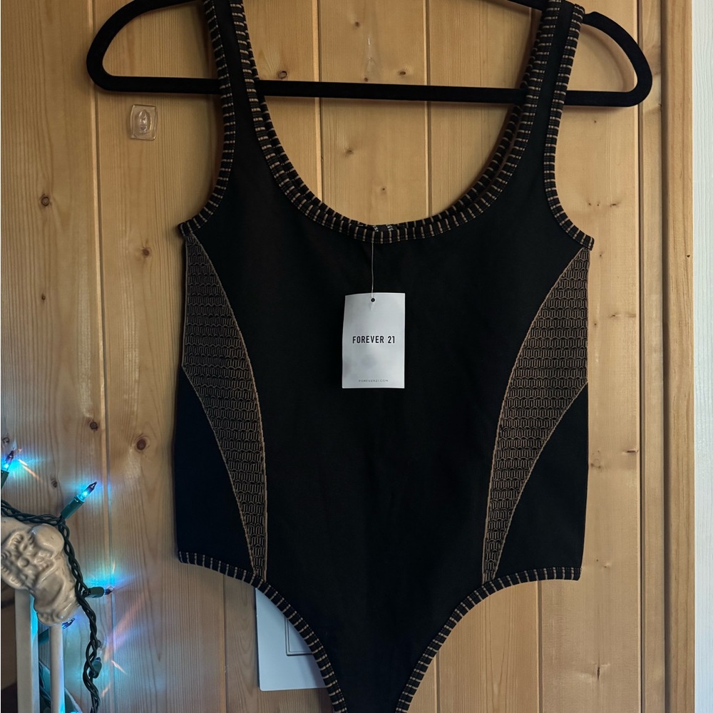 Forever 21 Black One-Piece Bodysuit with Contrast Stitching